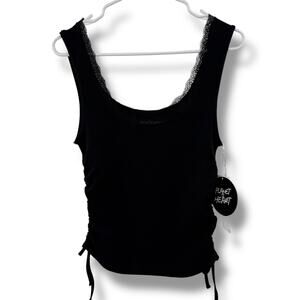 NEW Planet Heart Black Cinched Tank Top Size Medium Lace Trim Ruched Crop